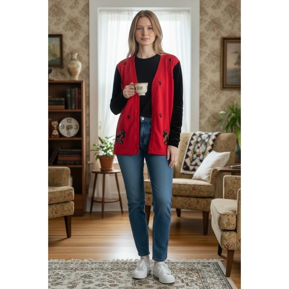 Vintage Cardigan Sweater Womens Plus‎ 1X Red Scottie Dog Paw Print grandmacore